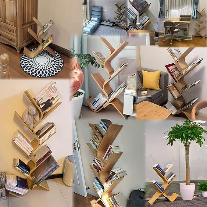 6-Tier Floor Bamboo Tree Bookshelf, Modern Standing Bookcase Office Book Storage Creative Curved Rack Organizer Shelves, Book Shelf Space Saver for Home Living Room Corner Bedroom - LeafyLoom