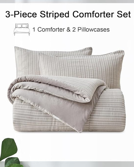 ENCOFT Light Grey Comforter Queen Size, 3 Piece White Striped Comforter for Queen Size Bed, with 2 Pillowcase, Soft Microfiber Light Weight Bedding Set with Comforter, 90" x 90" - LeafyLoom