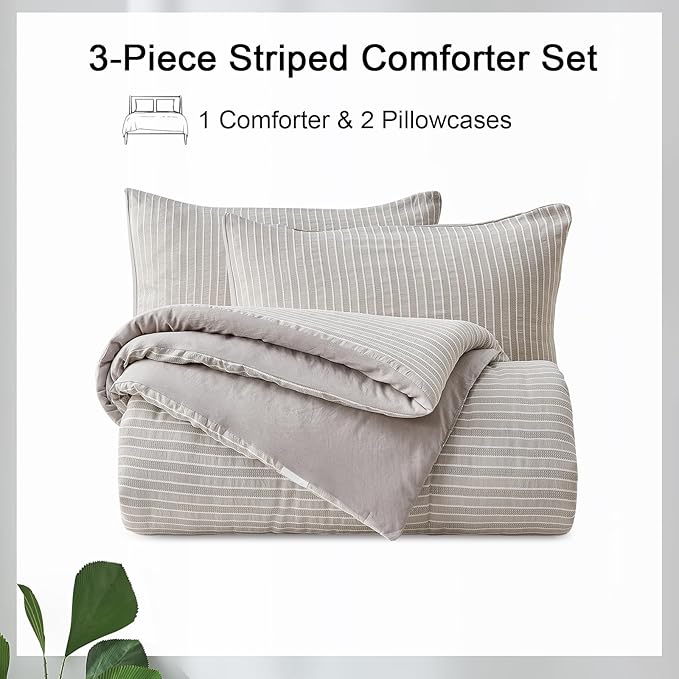 ENCOFT Light Grey King Comforter Set, 3 Piece Soft Microfiber Lightweight Bedding with Comforter, Grey and White Striped Comforter King Bed for All Seasons, with 2 Pillowcases, 104" x 90" - LeafyLoom
