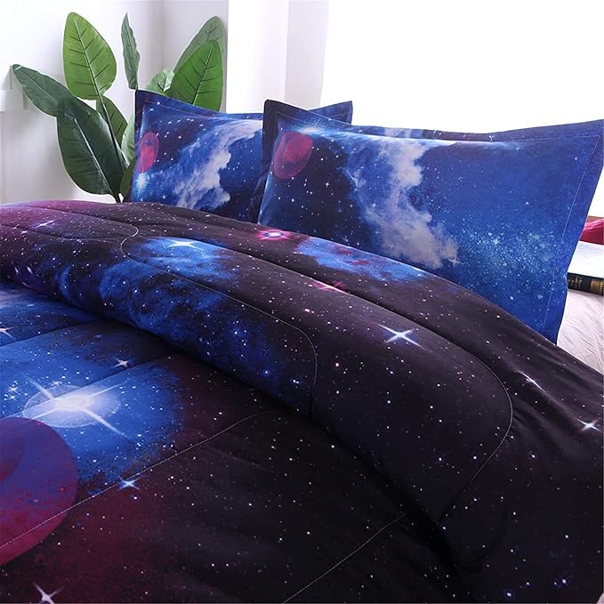 A Nice Night Galaxy Bedding Sets Outer Space Comforter 3D Printed Space Quilt Set Twin Size,for Children Boy Girl Teen Kids - includes 1 Comforter, 2 Pillow Cases - LeafyLoom