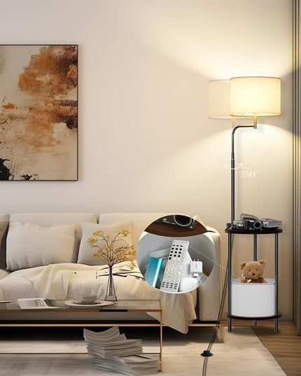 Lightdot 57IN Floor Lamp with Shelves, Mid Century Modern Standing Lamps with Bulb and Storage Bag Included, Black Pole End Table with Lamp Attached for Living Room Bedroom - LeafyLoom