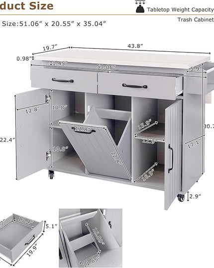 51.06 Inch Rolling Kitchen Cart with Trash Can Storage Cabinet & Drop Leaf, Portable Mobile Islands Table w/Adjustable Shelf, Spice, Towel Rack and Drawers, for Dining Room, Grey - LeafyLoom