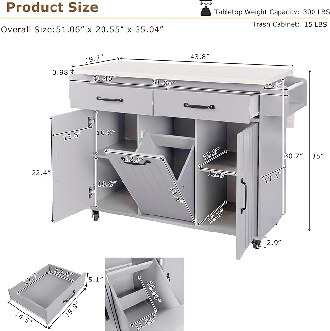 51.06 Inch Rolling Kitchen Cart with Trash Can Storage Cabinet & Drop Leaf, Portable Mobile Islands Table w/Adjustable Shelf, Spice, Towel Rack and Drawers, for Dining Room, Grey - LeafyLoom