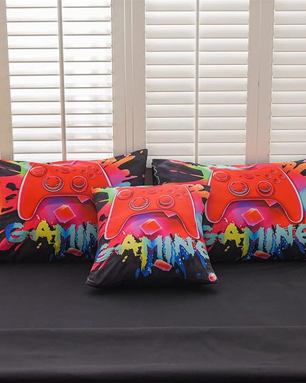 Aimuan Gaming Comforter Sets for Boys Kids Bedding Sets Video Games Console Action Buttons Novelty Colorful Game Gamepad Controller Modern Gamer Room Decor Home Quilt Set (Queen 6 Pcs,Black) - LeafyLoom