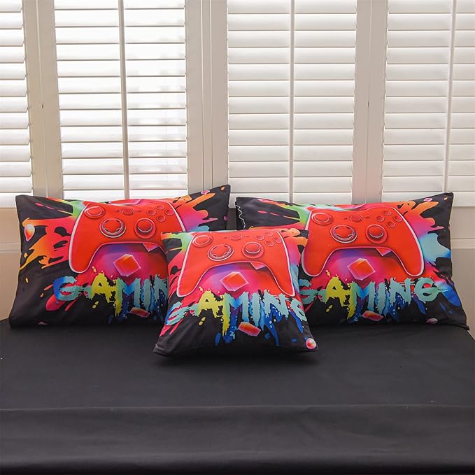 Aimuan Gamer Gaming Bedding Sets 3D Gamepad Comforter Sets for Boys Games Console Action Buttons Novelty Colorful Game Controller Modern Room Decor Home Quilt Set (Black, Twin 6PCS) - LeafyLoom
