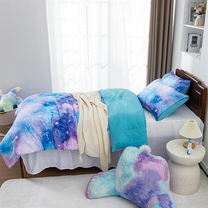 Holawakaka Tie Dye Galaxy Constellation Print Ombre Comforter Set Twin/Twin XL Size Girls Boys Dorm Gradient Space Stars Bedding Set (Blue Purple, Twin) - LeafyLoom