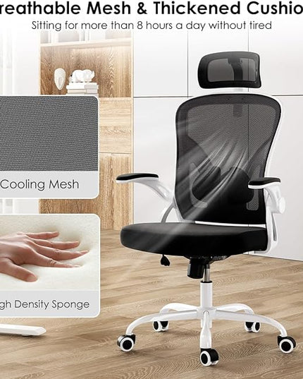 Farini Ergonomic Office Chair, Home Office Desk Chair with Headrest, High Back Computer Chair with Flip-up Armrests and Adjustable Lumbar Support.for Home Office Study Room Bedroom, White - LeafyLoom