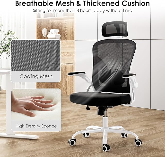 Farini Ergonomic Office Chair, Home Office Desk Chair with Headrest, High Back Computer Chair with Flip-up Armrests and Adjustable Lumbar Support.for Home Office Study Room Bedroom, White - LeafyLoom