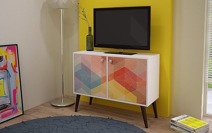 Manhattan Comfort Avesta 2.0 Double Sideboard Table with Storage Cabinet for Living Room, Bedroom and Office, TV Console for 32" Screen, Features 2 Doors and 3 Shelves, White/Stamp/Grey - LeafyLoom