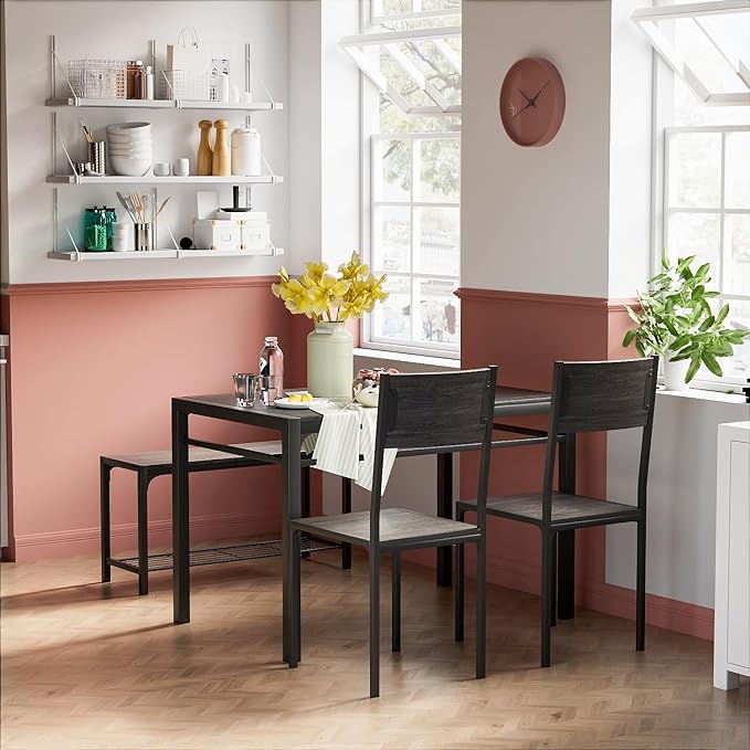 Kitchen Table and 2 Chairs for 4 with Bench, 4 Piece Dining Sets for Small Space, Grey - LeafyLoom