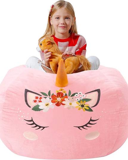 Aubliss Stuffed Animal Storage, Velvet Bean Bag Chairs Cover, X-Large 38" Ultra Soft Kids Toy Storage Organizer for Blankets Towels Clothes, Unicorn Pink Floral - LeafyLoom