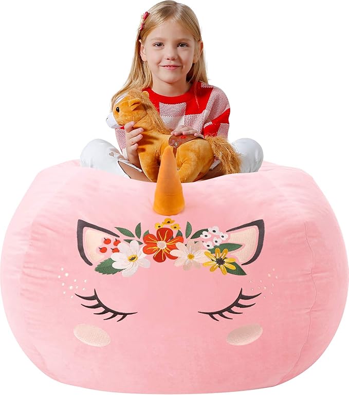 Aubliss Stuffed Animal Storage, Velvet Bean Bag Chairs Cover, X-Large 38" Ultra Soft Kids Toy Storage Organizer for Blankets Towels Clothes, Unicorn Pink Floral - LeafyLoom