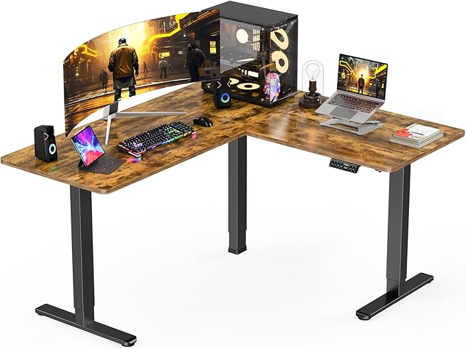 ErGear 63" Dual Motor L Shaped Standing Desk, 28"-46" Electric Height Adjustable, 2 Assembly Options to Fit Room Corner, Suitable for Sitting or Standing Up for Working or Gaming from Home, Vintage - LeafyLoom