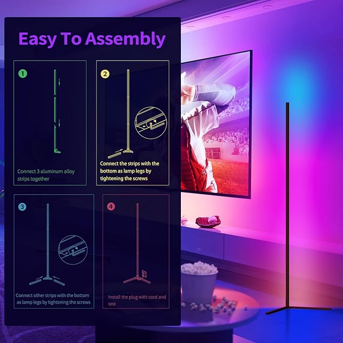 Bodun RGB Corner Floor Lamp 56 inches Smart LED Mood Lighting Bar Ambient Light Tower with Music Sync Floor Lamps for Living Room Remote Control Color Changing - LeafyLoom