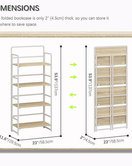 4NM No-Assembly 4 Tiers Folding Bookshelf Storage Shelves Vintage Bookcase Standing Racks Study Organizer Home Office (Natural and White) - LeafyLoom