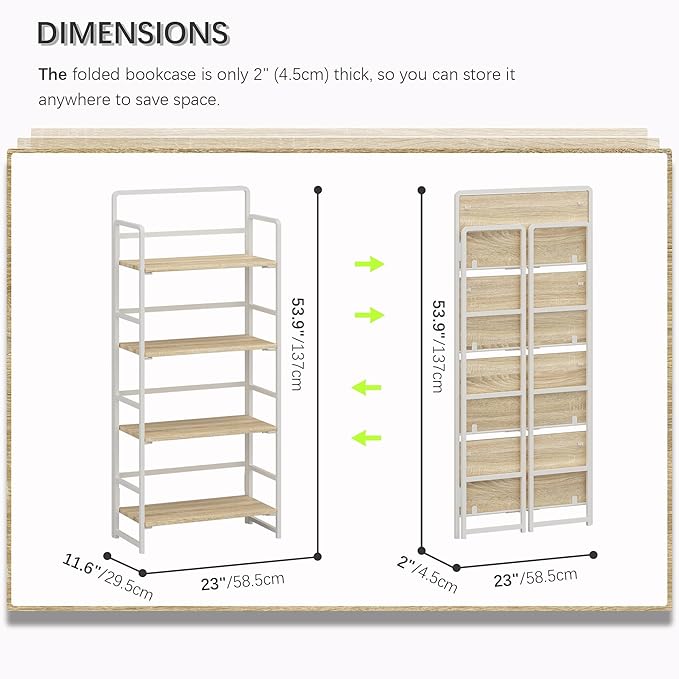 4NM No-Assembly 4 Tiers Folding Bookshelf Storage Shelves Vintage Bookcase Standing Racks Study Organizer Home Office (Natural and White) - LeafyLoom
