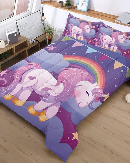 Unicorn Twin Bedding Sets for Girls Kids Comforter Set Twin Size with 2 Pillowcases Purple Rainbow Glittering Unicorn Room Decor for Girls Bedroom Ultra Soft Machine Washable Toddler Bed Set - LeafyLoom