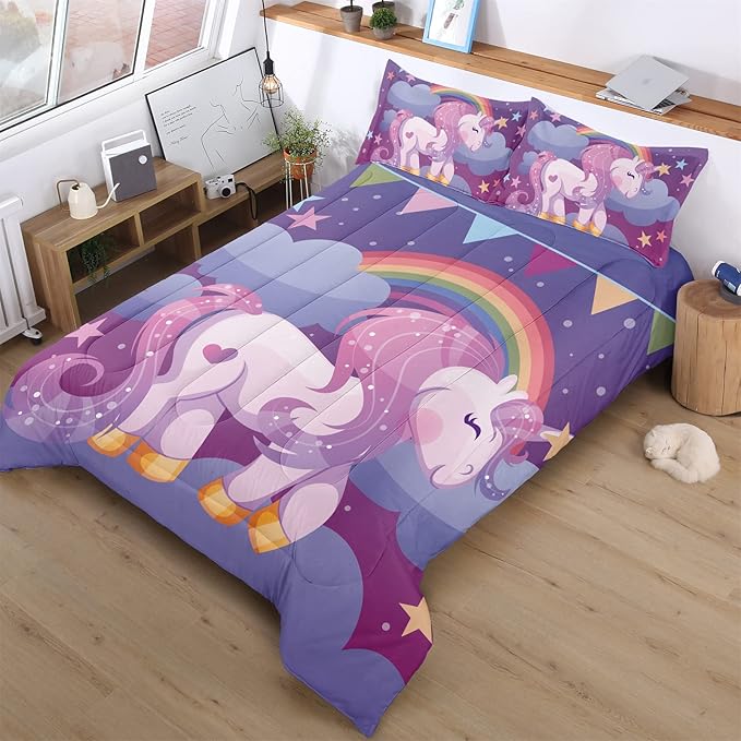 Unicorn Twin Bedding Sets for Girls Kids Comforter Set Twin Size with 2 Pillowcases Purple Rainbow Glittering Unicorn Room Decor for Girls Bedroom Ultra Soft Machine Washable Toddler Bed Set - LeafyLoom
