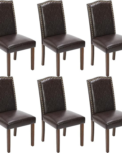 DUMOS Dining Chairs Set of 6, PU Leather Dining Room Chairs, Upholstered Parsons Chairs with Nailhead Trim & Wood Legs, Kitchen Side Chair for Dining Living Room,Bedroom - Brown - LeafyLoom