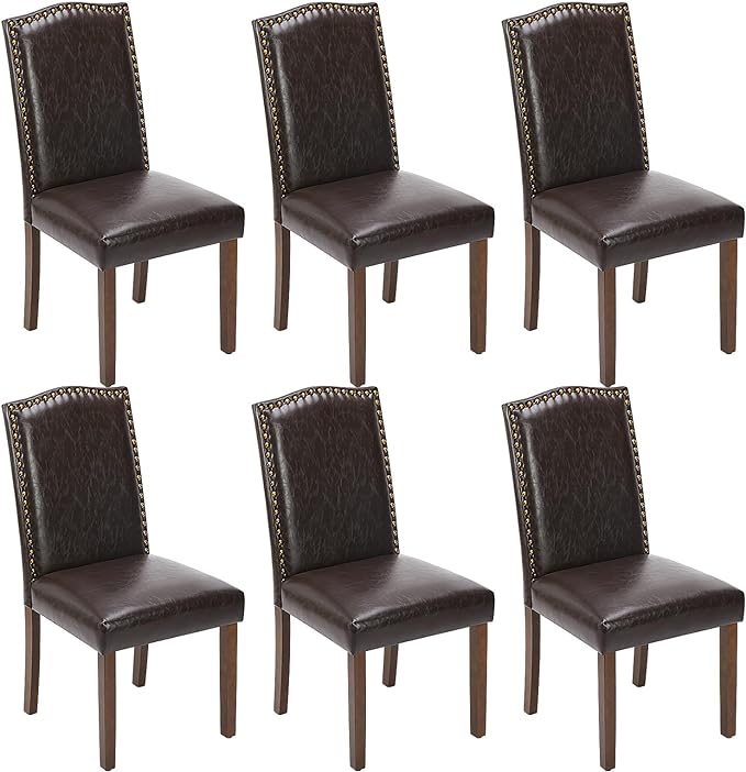 DUMOS Dining Chairs Set of 6, PU Leather Dining Room Chairs, Upholstered Parsons Chairs with Nailhead Trim & Wood Legs, Kitchen Side Chair for Dining Living Room,Bedroom - Brown - LeafyLoom