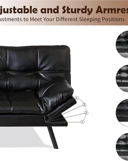 Futon Sofa Bed, Memory Foam Futon Sleeper Sofa Loveseat Convertible Couch Bed for Small Compact Living Spaces,Apartment,Black Leather - LeafyLoom