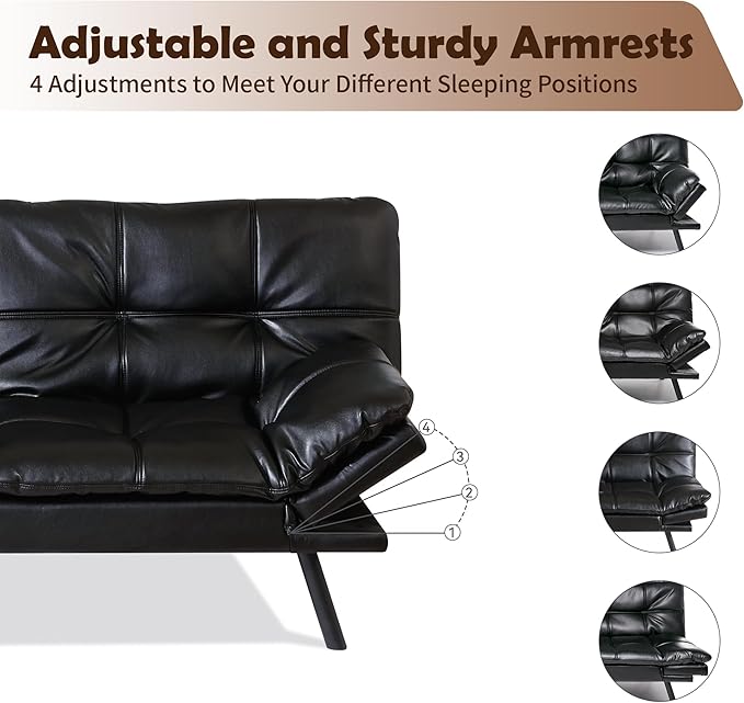 Futon Sofa Bed, Memory Foam Futon Sleeper Sofa Loveseat Convertible Couch Bed for Small Compact Living Spaces,Apartment,Black Leather - LeafyLoom
