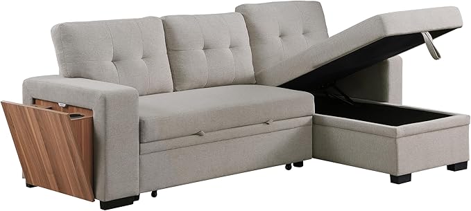 92 inch Convertible L-Shaped Sleeper Sectional Sofa with Storage Chaise,Reversible Couch with Side Open Cup Holder for Apartment, Dorm, Living Room, 92inch, Light Gray-4 - LeafyLoom