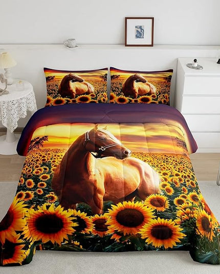 Erosebridal Brown Horse Comforter Set King Size for Kids Adult Teens Farmhouse Decor Sunflower Bedding with Sunset, Cowboys 3D Wild Animal Horse Print Quilt Rustic Style Cowgirls Down Comforter - LeafyLoom