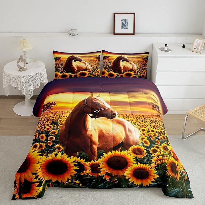 Erosebridal Brown Horse Comforter Set King Size for Kids Adult Teens Farmhouse Decor Sunflower Bedding with Sunset, Cowboys 3D Wild Animal Horse Print Quilt Rustic Style Cowgirls Down Comforter - LeafyLoom