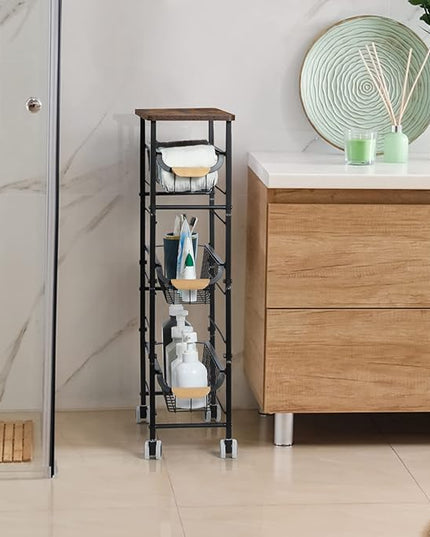 4-Tier Slim Storage Cart, Kitchen Rolling Utility Cart Bathroom Organizer Laundry Room Organization Mobile Shelving Unit with Slide-Out Metal Wire Baskets, Wooden Tabletop & Wheels for Narrow Space - LeafyLoom