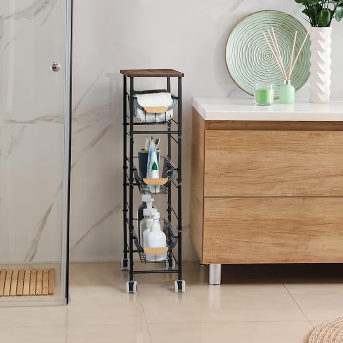 4-Tier Slim Storage Cart, Kitchen Rolling Utility Cart Bathroom Organizer Laundry Room Organization Mobile Shelving Unit with Slide-Out Metal Wire Baskets, Wooden Tabletop & Wheels for Narrow Space - LeafyLoom