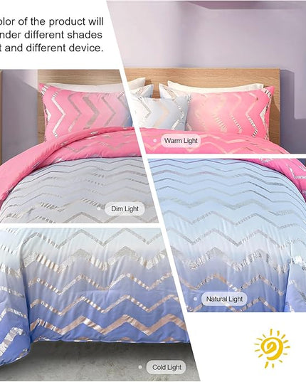 Girls Comforter Set Twin Size Ombre Pink Purple Bedding Rainbow Comforter for Kids Teen Women,3 Pieces (1 Comforter,1 Pillowcase,1 Decorative Pillow Sham) - LeafyLoom