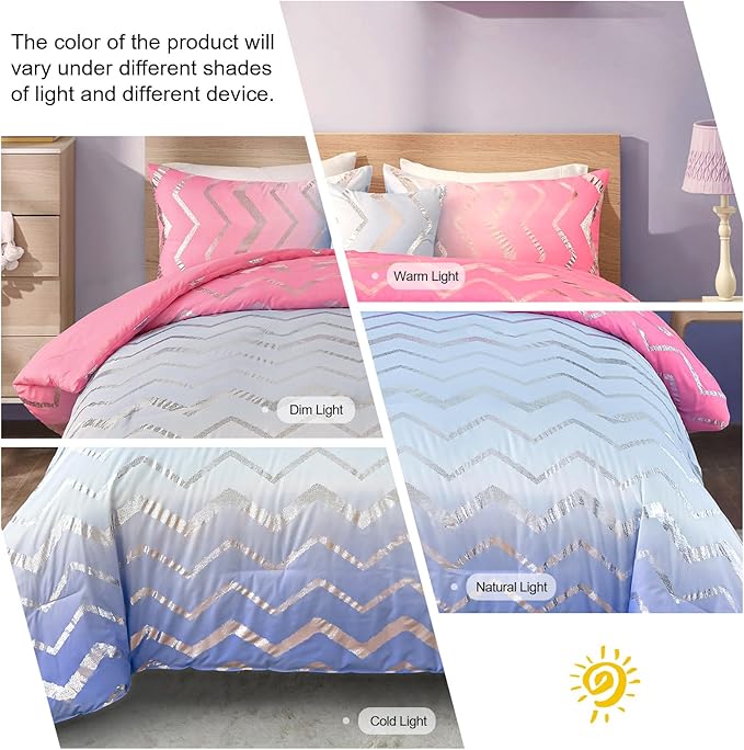 Girls Comforter Set Twin Size Ombre Pink Purple Bedding Rainbow Comforter for Kids Teen Women,3 Pieces (1 Comforter,1 Pillowcase,1 Decorative Pillow Sham) - LeafyLoom