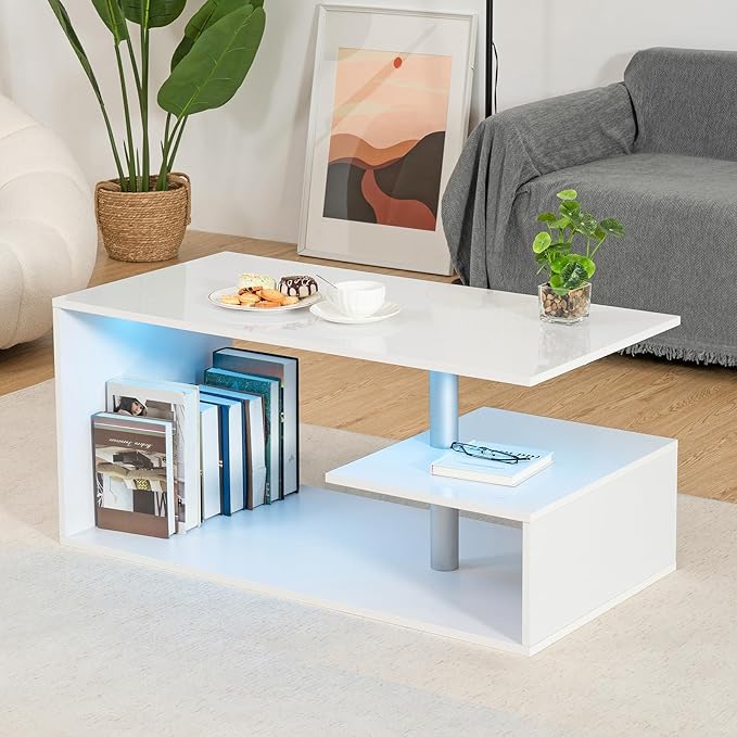HOMMPA LED Coffee Tables for Living Room Modern Coffee Table with S-Shaped 3 Tiers Open Storage Shelf High Gloss White Center Sofa Tea Table with LED Lights for Home Office Furniture - LeafyLoom
