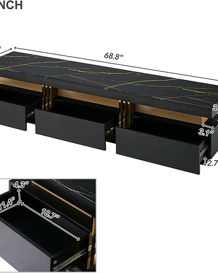 Merax Luxury TV Stand with High Gloss Faux Marble Top, Golden Panel Design, and 3 Drawers for Televisions Up to 78'', Rectangle Media Console, Practical Entertainment Center for Living Room, Black - LeafyLoom