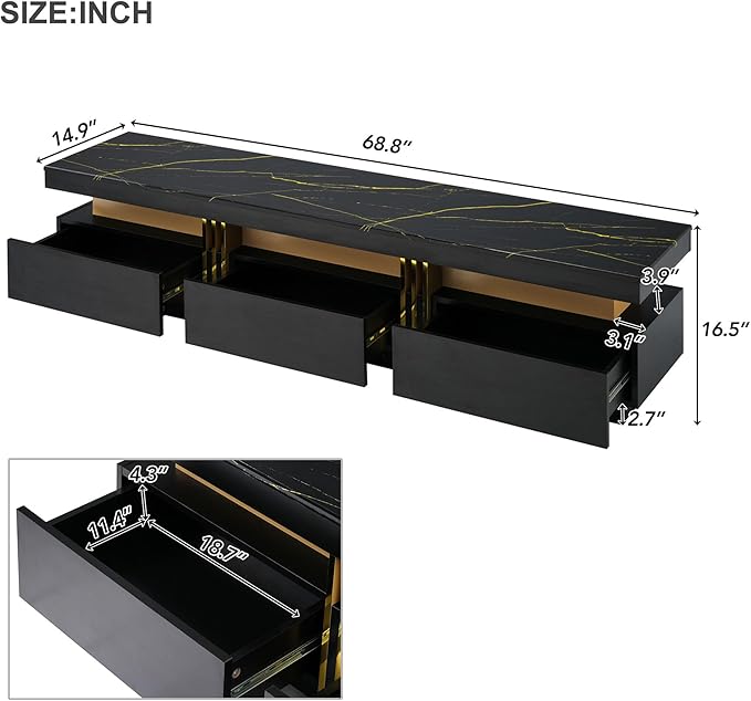 Merax Luxury TV Stand with High Gloss Faux Marble Top, Golden Panel Design, and 3 Drawers for Televisions Up to 78'', Rectangle Media Console, Practical Entertainment Center for Living Room, Black - LeafyLoom