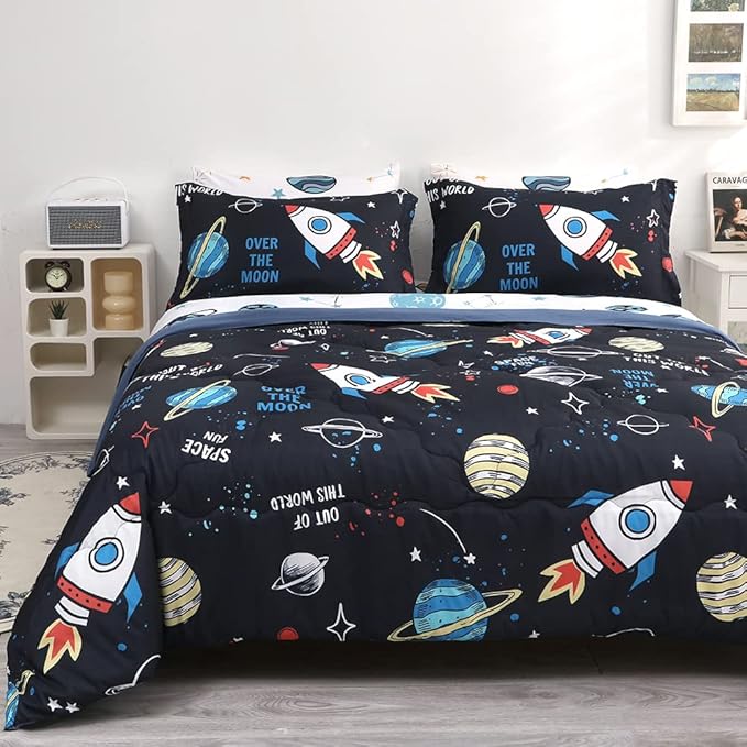 Wajade Kids Space Comforter Set Bed in A Bag Full Size 7 Piece 3D Space Rocket Planets Bedding Set for Teens Boys Girls (1 Comforter, 1 Flat Sheet, 1 Fitted Sheet, 2 Pillowcase and 2 Pillow Sham) - LeafyLoom