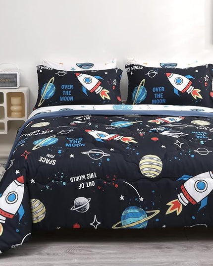 Wajade Kids Space Comforter Set Bed in A Bag Twin Size 7 Piece 3D Space Rocket Planets Bedding Set for Teens Boys Girls (1 Comforter, 1 Flat Sheet, 1 Fitted Sheet, 2 Pillowcase and 2 Pillow Sham) - LeafyLoom