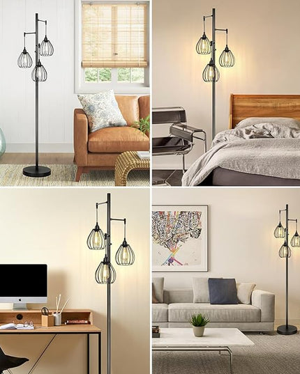 Dimmable Floor Lamp, Farmhouse Industrial Standing Lamp with 3 PCS 7W LED Edison Bulbs & 3 Light Elegant Teardrop Cage Heads, Black Rustic Tree Tall Vintage Pole Lamps for Living Room Bedroom Office - LeafyLoom