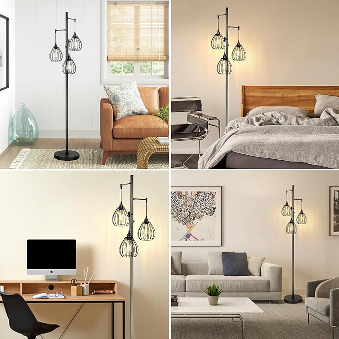Dimmable Floor Lamp, Farmhouse Industrial Standing Lamp with 3 PCS 7W LED Edison Bulbs & 3 Light Elegant Teardrop Cage Heads, Black Rustic Tree Tall Vintage Pole Lamps for Living Room Bedroom Office - LeafyLoom