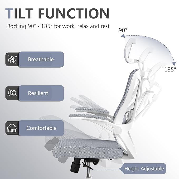 Office Chair 350LBS Capacity,Ergonomic Comfy Home Desk Chair,High Back Gaming Chair with Wheels,Mesh Computer Chair,Lumbar Support, Adjustable Headrest,Flip-up Armrest - LeafyLoom