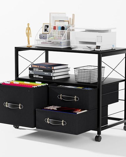VECELO 3 Mobile File Cabinet Rolling Printer Stand with Open Shelf, Fabric Lateral Storage Station for Home Office,Drawer Adapts Letter Size Hanging Folders, Black - LeafyLoom