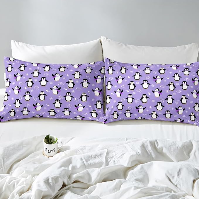 Penguin Comforter Set Full Size Kawaii Penguin Down Comforter Antarctic Animal Bedding Set for Kids Boys Girls Teens Cartoon Cute Winter Quilt Set Snowflake Pattern Duvet Set Room Decor, Purple - LeafyLoom