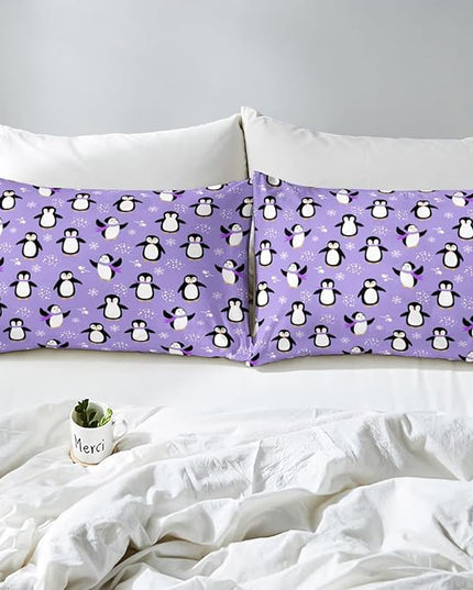 Penguin Comforter Set Twin Size Kawaii Penguin Down Comforter Antarctic Animal Bedding Set for Kids Boys Girls Teens Cartoon Cute Winter Quilt Set Snowflake Pattern Duvet Set Room Decor, Purple - LeafyLoom