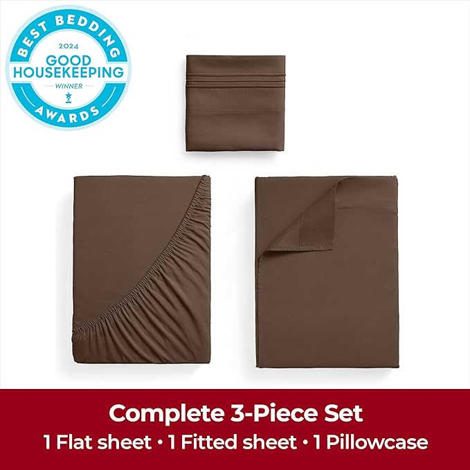 Mellanni Twin XL Sheets Set - 3 PC Iconic Collection Bedding Sheets & Pillowcases - Hotel Luxury, Extra Soft, Cooling Bed Sheets - Deep Pocket up to 16 inch (Twin Extra Long, Brown) - LeafyLoom