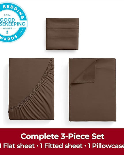Mellanni Twin Sheets Set - 3 PC Iconic Collection Bedding Sheets & Pillowcases - Hotel Luxury, Extra Soft, Cooling Bed Sheets - Deep Pocket up to 16 inch (Twin, Brown) - LeafyLoom