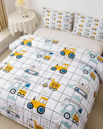 Feelyou Construction Truck Comforter Set Queen Size Kids Machinery Truck Excavators Vehicles Comforter for Boys Teens Cartoon Tractor Bedding Set Excavator Tractor Plaid Grid White Duvet Set Quilt Set - LeafyLoom