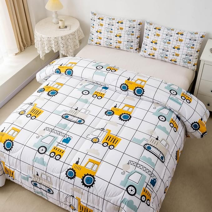 Feelyou Construction Truck Comforter Set Queen Size Kids Machinery Truck Excavators Vehicles Comforter for Boys Teens Cartoon Tractor Bedding Set Excavator Tractor Plaid Grid White Duvet Set Quilt Set - LeafyLoom