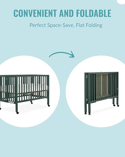 Quinn Full-Size Folding Crib in Olive, Removeable Wheels, Modern Nursey, Adjustable Mattress Support, Portable Crib, Patented Folding System - LeafyLoom