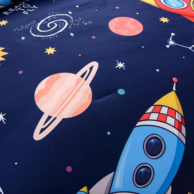 Aimuan Space Bedding Set Kid Rocket Comforter Set Full Size Super Soft & Cute Aliens UFO Printed Quilt Set for Teen Boys Girls (Navy, Full) - LeafyLoom